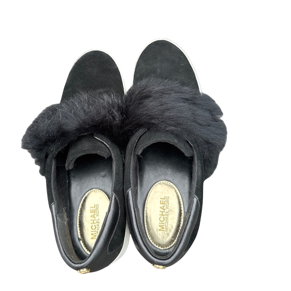 Michael Kors Black Suede Rabbit Fur Trim Slip On Sneakers Gold Logo Women 10M 41 - Picture 3 of 7